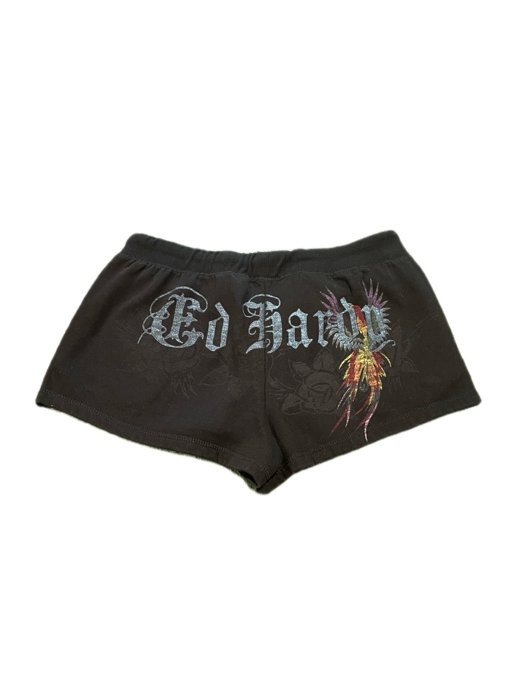 Y2K Ed Hardy Women's Shorts, Black Fleece, Logo Floral Graphic, Sweat Lounge